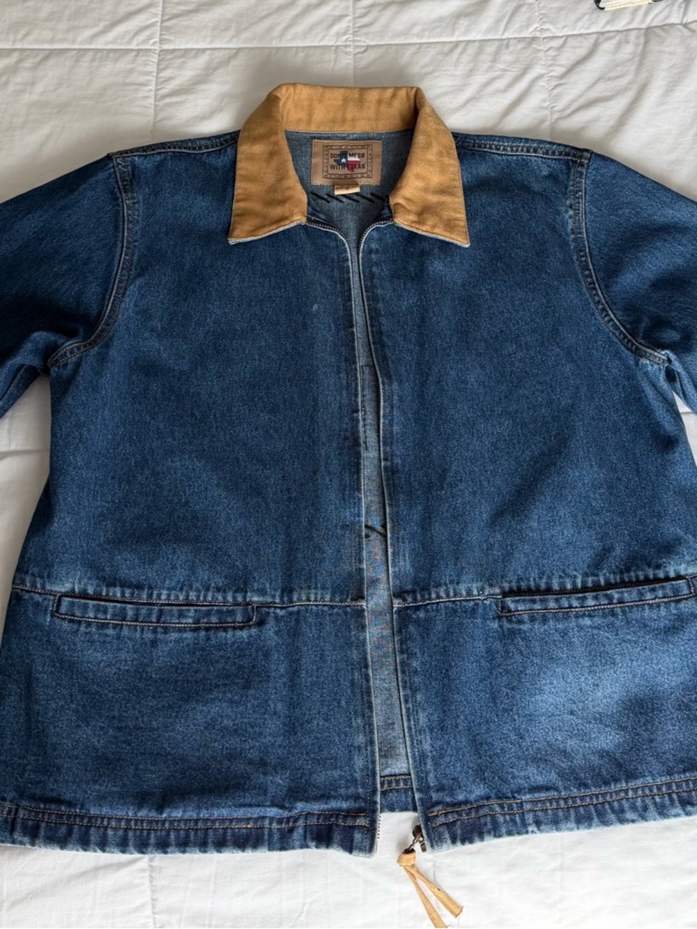Dark Blue Denim Jacket with Tan Collar - Workwear Style